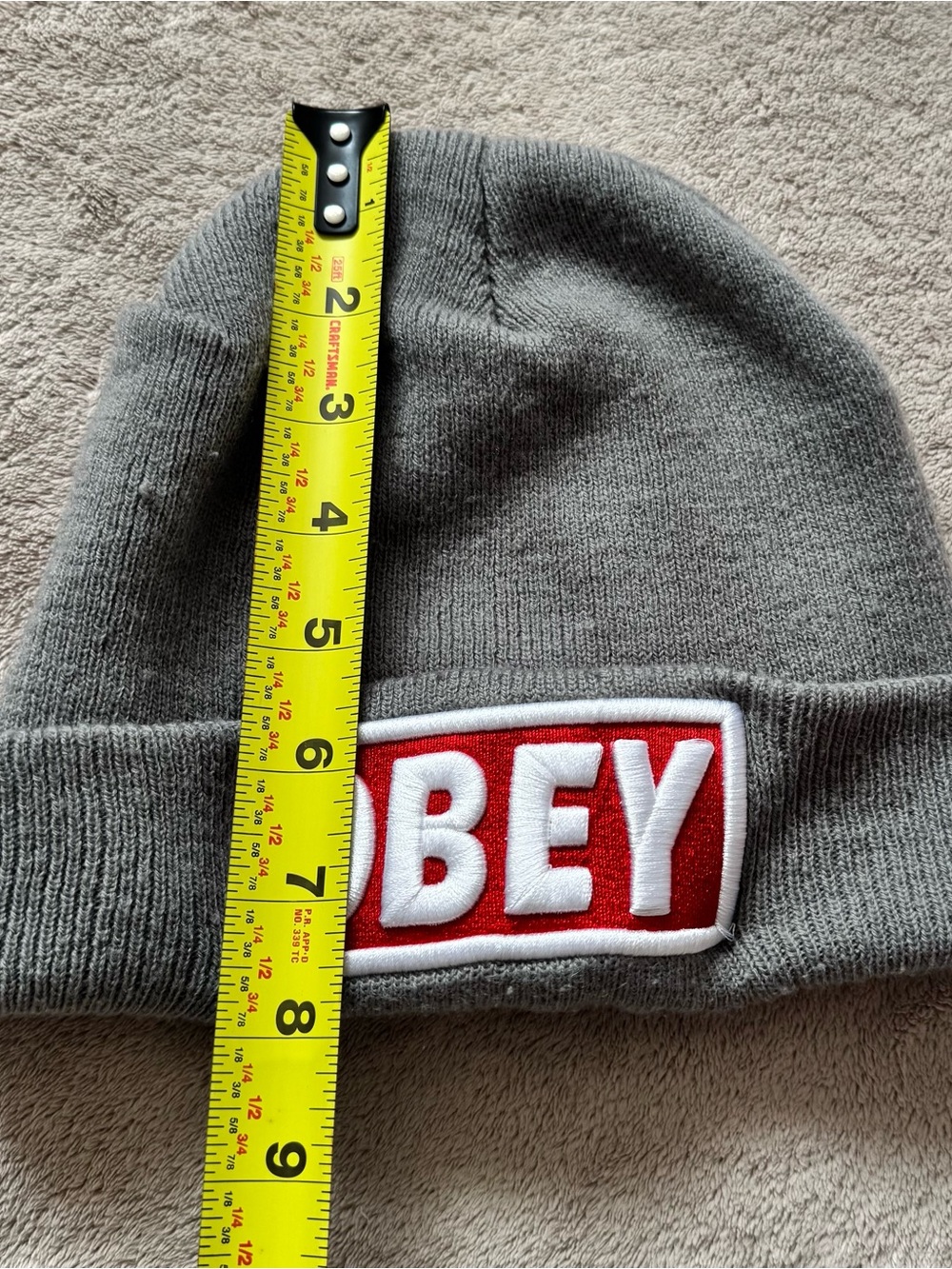 Obey Gray Knit Beanie with Red Logo Patch - Picture 2 of 5